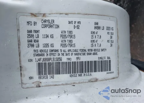 1993 Jeep Cherokee Sport z USA, uszkodzony, nr VIN 1J4FJ68S8PL513256